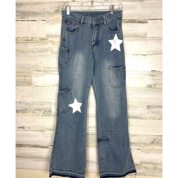 Women’s Medium Boho Star Distressed Straight Leg Denim blue Jeans boho - Picture 1 of 6